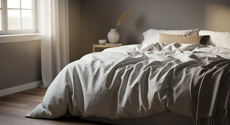 Comfortable bed with pillows in modern bedroom. 3d renderの素材