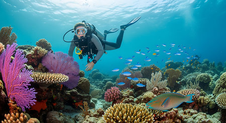 Scuba diver and colorful tropical coral reef in the Red Sea.の素材