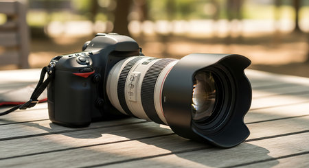 Digital SLR camera on wooden table in the park, shallow depth of fieldの素材