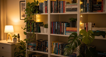 Bookshelf with books and plants in living room at night timeの素材