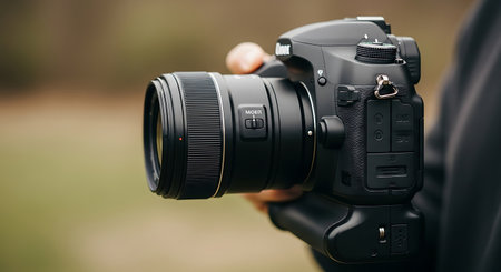 Professional DSLR camera in the hands of a photographer. Close-up.の素材