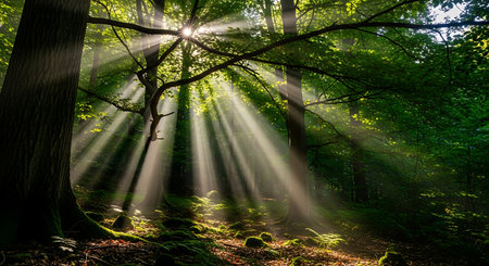 Morning in the forest with sunbeams passing through tree trunksの素材