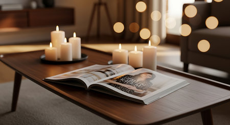 Burning candles on wooden table in living room. Space for textの素材