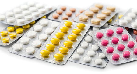 Pills in blister packs on white background. Focus on foreground, soft bokeh.の素材