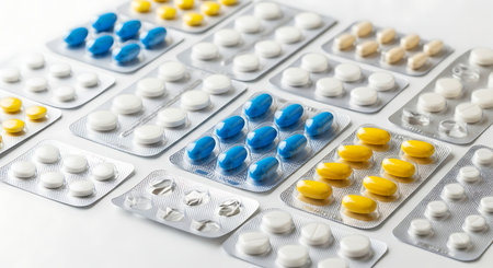 Tablets and pills in blister packs on white background, closeupの素材