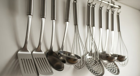 kitchen utensils hanging on the wall. 3d renderingの素材