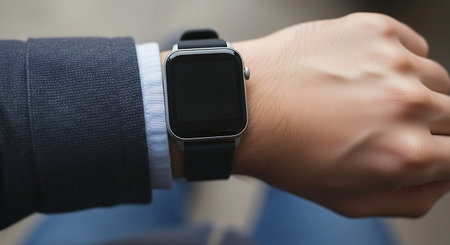 Closeup of a smartwatch on the wrist of a business manの素材