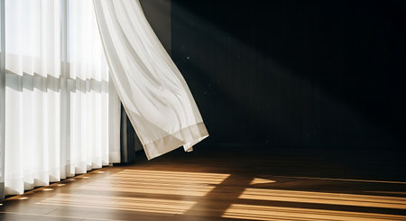 White curtains in a dark room with wooden floor and sunlight. 3d renderingの素材