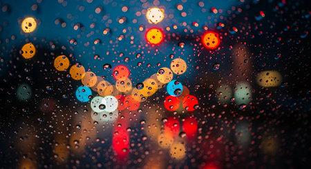 Rain drops on glass with city lights bokeh blurred background.の素材