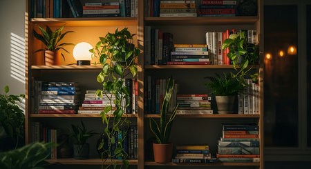 Bookshelf with books and plants at night. Home interior design.の素材