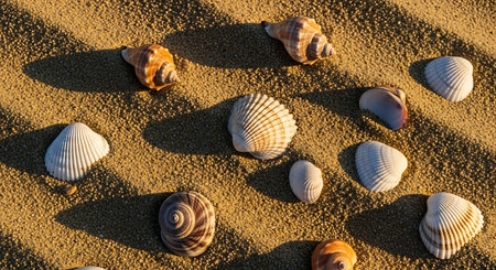 Seashells on the beach sand. Seashore backgroundの素材