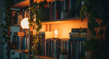Bookshelf with books, lamp and plants in cozy dark roomの素材