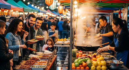 Group of people enjoying a street food market in the city center.の素材