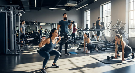 Athletic man and woman training with dumbbells in the gymの素材