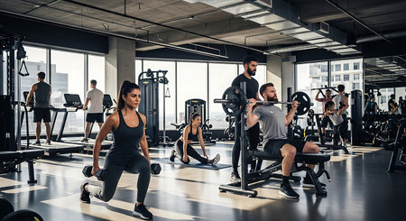 Group of young fit people working out in a modern gym. They are exercising with weights.の素材