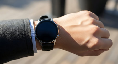 Smart watch on the hand of a young woman. Close-up.の素材