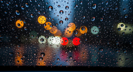 rain drop on car glass with city light bokeh abstract backgroundの素材