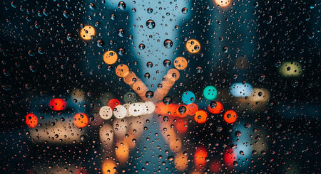 rain drop on glass with bokeh of traffic jam in the cityの素材