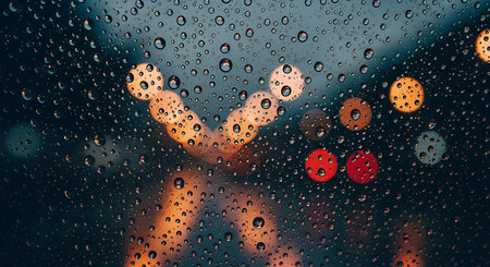 Rain drops on car glass. Blurred background with bokehの素材