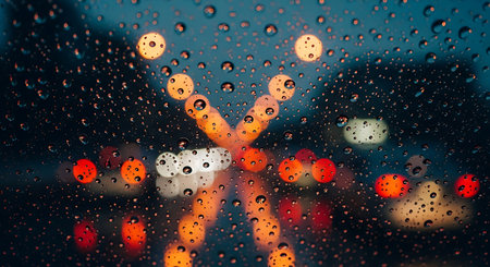 rain drops on glass with bokeh of traffic light in the cityの素材