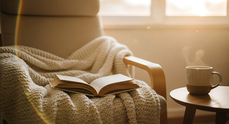 Cozy home interior with a cup of coffee, a book and a knitted plaid.の素材