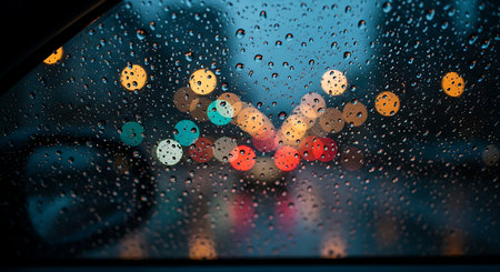 Rain drops on car glass with bokeh defocused lights backgroundの素材