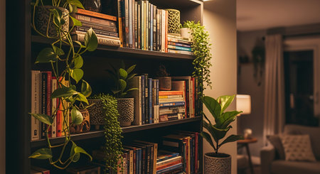 Bookshelves with plants in the living room of a modern houseの素材