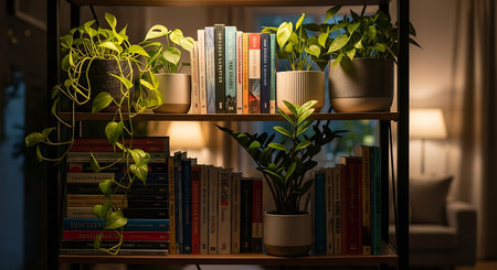 Bookshelves with plants at night in a cozy living room.の素材