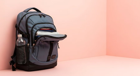 Backpack with water bottle on pink background. 3d illustration.の素材