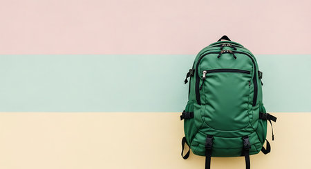 Green backpack on pastel background. Back to school concept. Copy spaceの素材