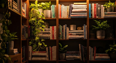 Bookshelves with books and plants in cozy home library. Bookshelves with books and plants.の素材