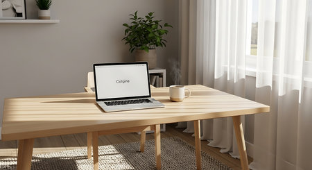Laptop with blank screen on wooden table in the room. 3d renderingの素材