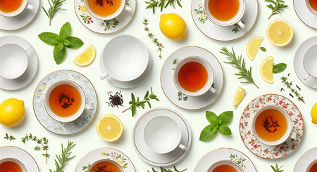 Cup of tea with lemon and herbs on white background, top viewの素材