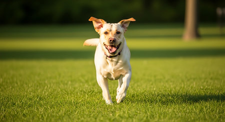 Labrador retriever dog running in the park on green grass.の素材