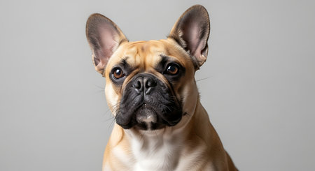 Portrait of a French Bulldog looking at the camera on a gray backgroundの素材