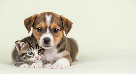 puppy and kitten together on a light background with copy spaceの素材