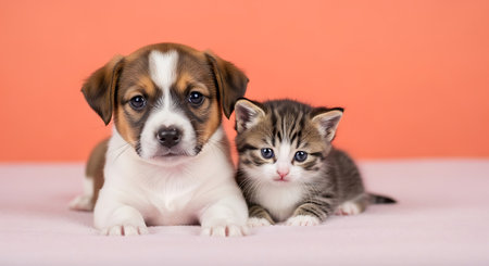 Adorable black and white puppy and kitten lying together on pink backgroundの素材