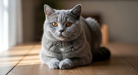 British shorthair cat lying on the wooden floor at home and looking at cameraの素材