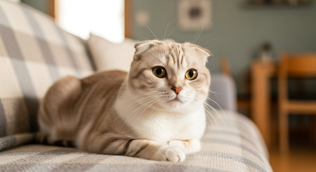 Scottish Fold cat lying on sofa at home. Cute petの素材