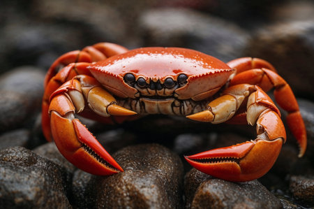 Close up of a red crab on black lava stones on the beachの素材