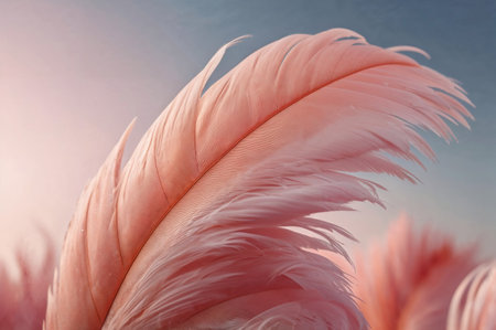 feathers of a bird on a blue background close-upの素材