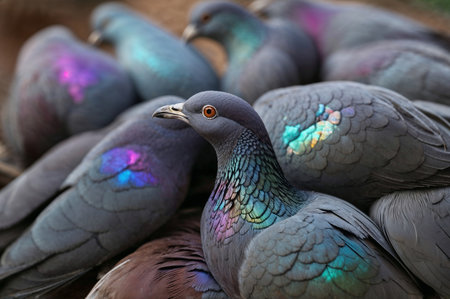 Pigeons in the park, close-up of a groupの素材