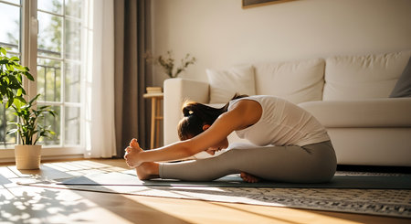 Young woman practicing yoga at home. She is sitting on the floor and stretching.の素材