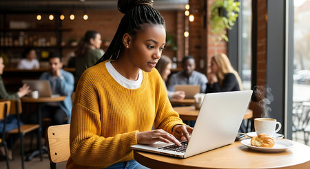 young african american woman using laptop in cafe, blurred backgroundの素材