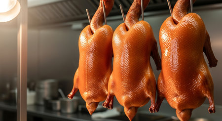 Close-up of raw chicken carcasses hanging on rack in kitchenの素材