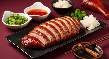 Roast duck on a black plate with soy sauce and ginger.の素材