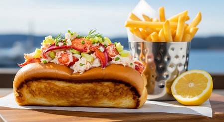 hot dog with vegetables and french fries on a table in a restaurantの素材