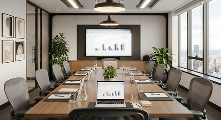 Interior of modern meeting room with panoramic city view 3D renderingの素材