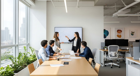 Group of businesspeople working together in modern office with whiteboard on the wall.の素材