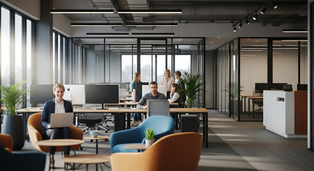 Business people working together in modern open space office. Teamwork conceptの素材